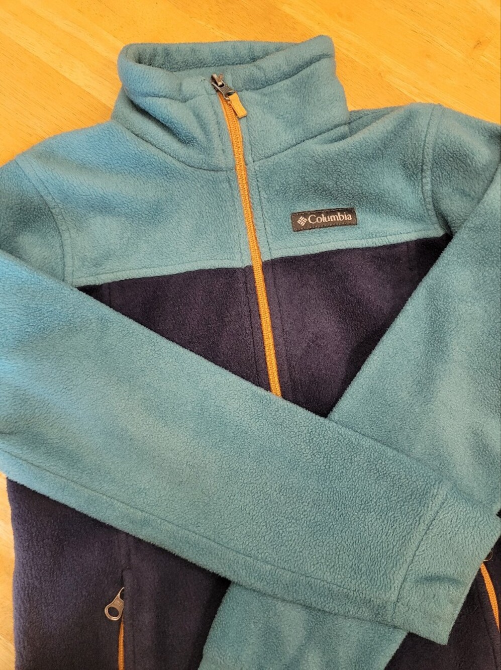 Columbia Fleece Jacket Zip Up Mock Neck Sweatshirt Medium 10 12 Teal Navy Gold